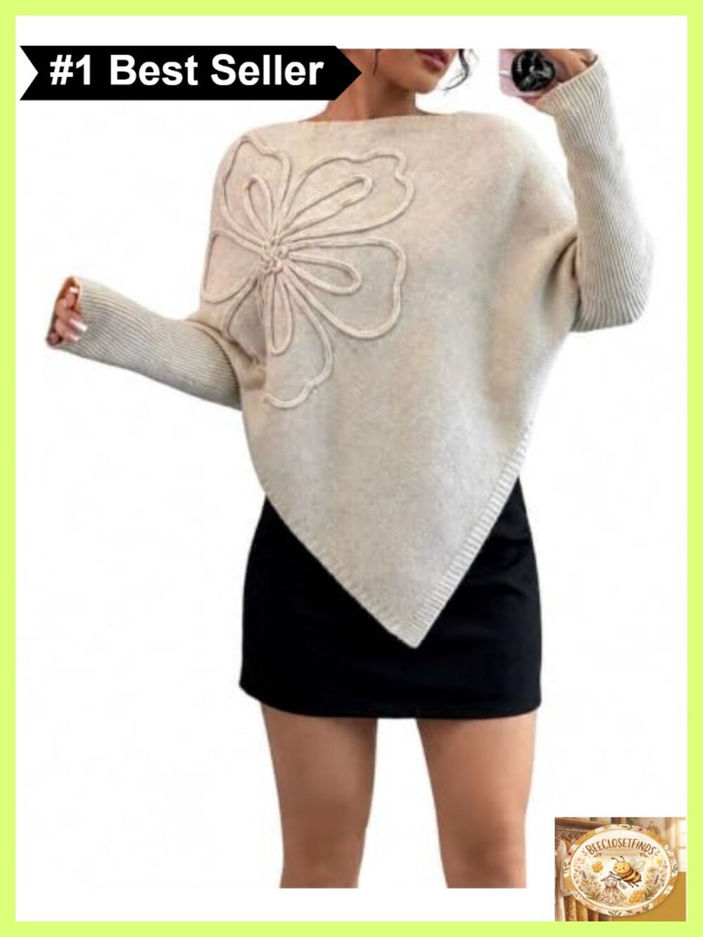 Lightweight Floral Poncho Sweater Boat Neck Batwing Asymmetrical Hem Women's